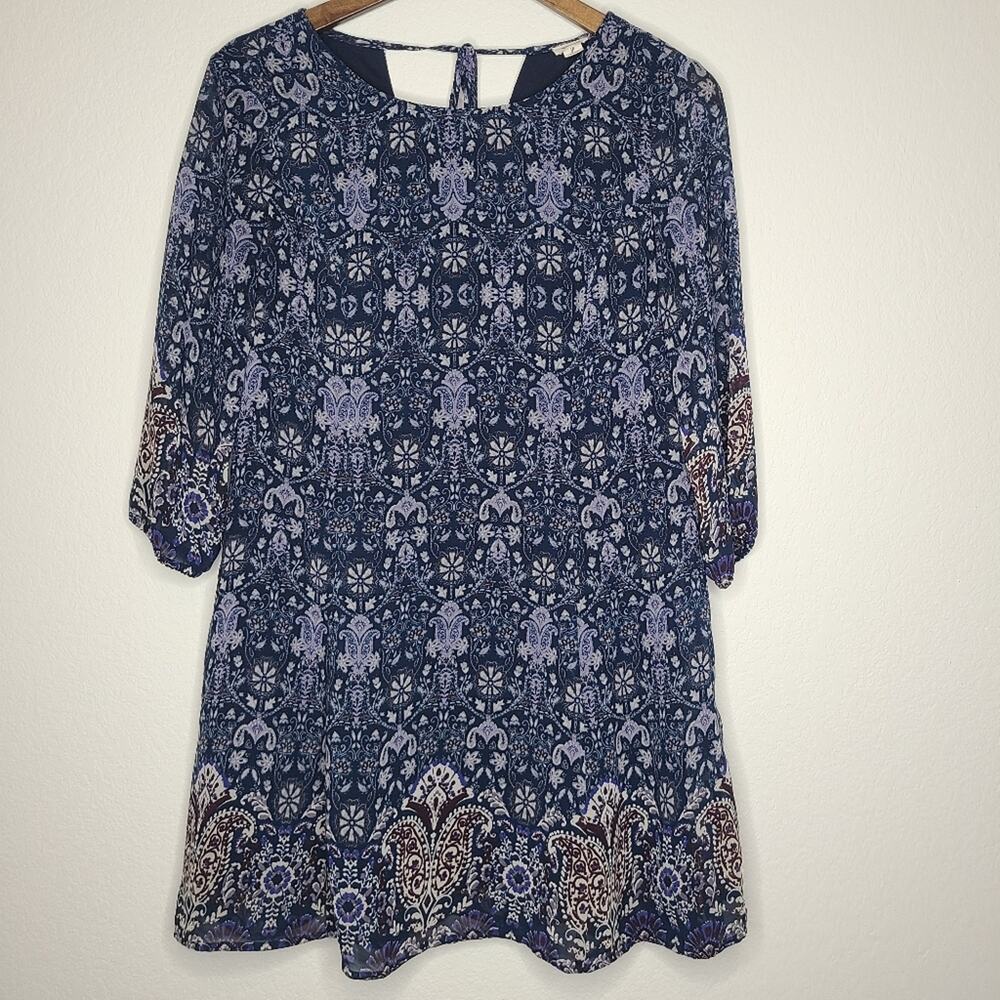Garage Paisley Print Swing Dress 3/4 Sleeve Tie Back Mini Small